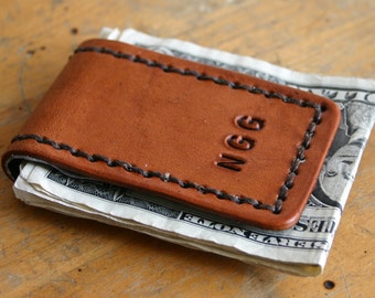 Magnetic Money Clip. Personalized Mens leather money clip with custom initials Light Brown