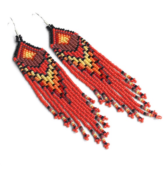 Items Similar To Native American Beaded Earrings Inspired Very Long Earrings Dangle Red 