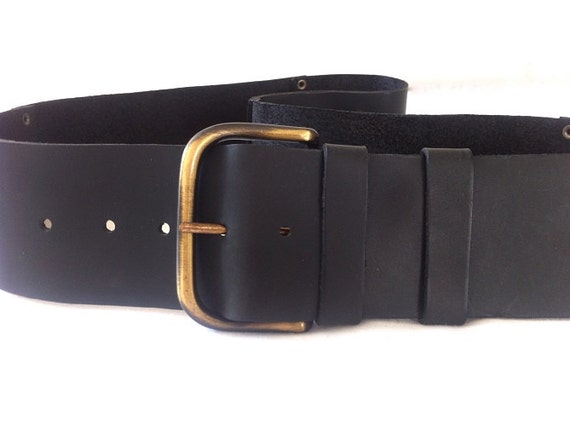 Classic wide women&#39;s black leather belt. Soft black