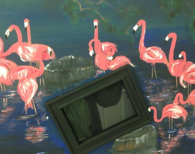 Flamingo's on the River - Acrylic Paint on Wood with a wood Frame for a 4"x 6" picture