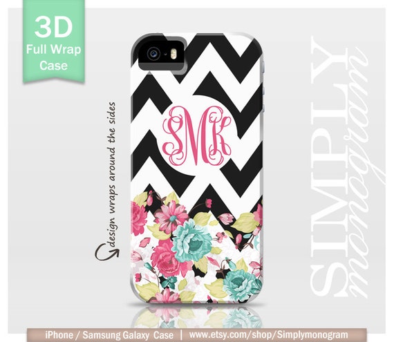 Monogram iPhone 4 Case iPhone 4s Case iPhone 5 Case iPhone 5s Case iPhone 5c Case Samsung Galaxy Case - floral & black chevron monogram case