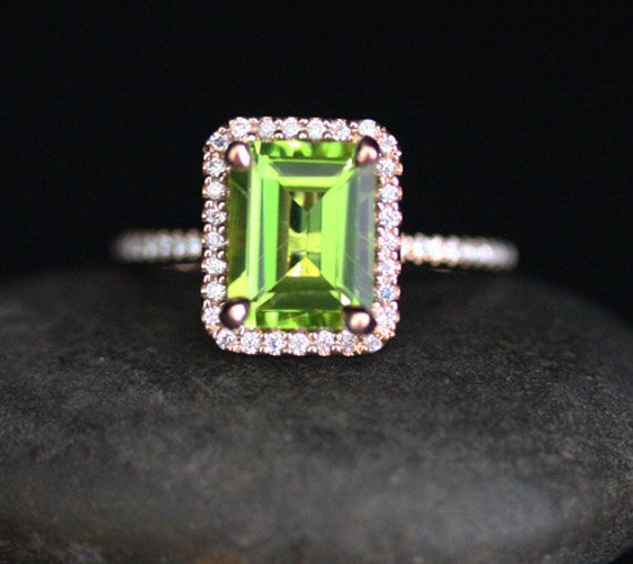 Emerald Cut Natural Peridot Ring In 14k Rose Gold With Peridot