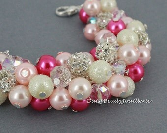 Hot Pink Bracelet, Jewelry Gift for Her, Pink Cluster Bracelet, Shades of Pink Bracelet, Pink Pearl Bracelet, Beaded Bracelet, Gifts