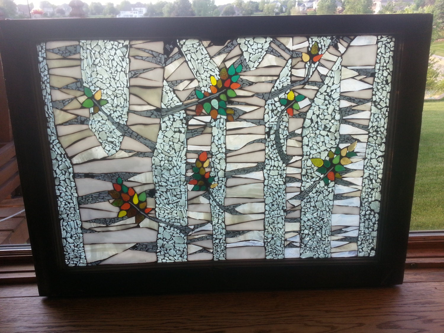 Hand Cut Stained and Tempered Glass Birch Tree Mosaic on a