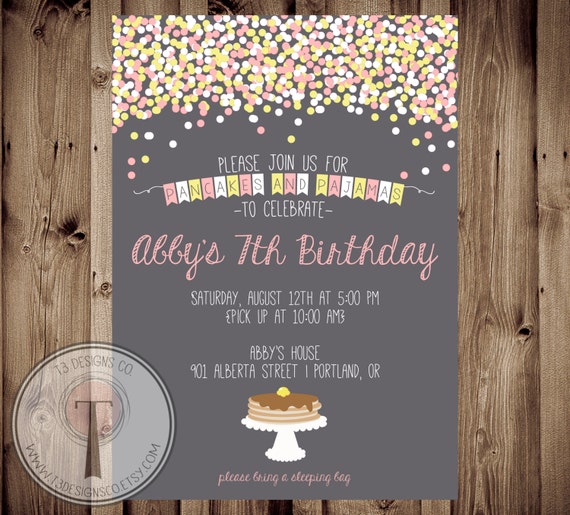 Pancakes and Pajamas Birthday Invitation, Girl Sleepover birthday invite, girl birthday invite, pancake birthday, pajama party, confetti