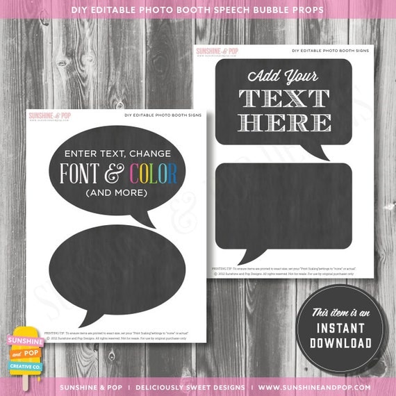 INSTANT DOWNLOAD - DIY Photo Booth Props Add Your Own Text - Photobooth Wedding Bachelorette Birthday Speech Bubble Prop Printable Pdf Il_570xn