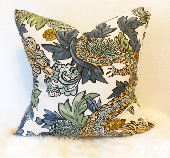 blue and green chinoiserie dragon pillow cover by WhitneyJDecor