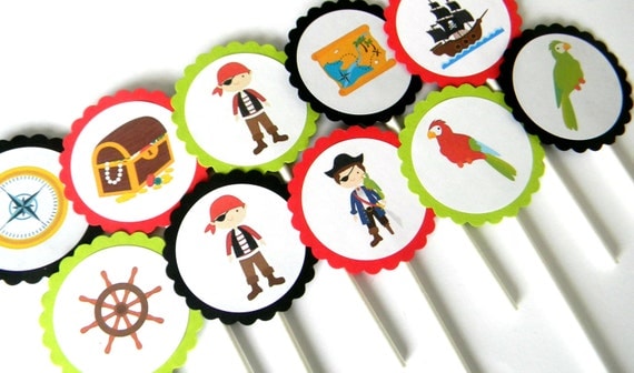 12 Pirate Cupcake Toppers, Pirate Birthday, First Birthday, Pirate Theme, Pirates, Pirate Party, Pirate Boat, Baby Shower, Parrot Il_570xn