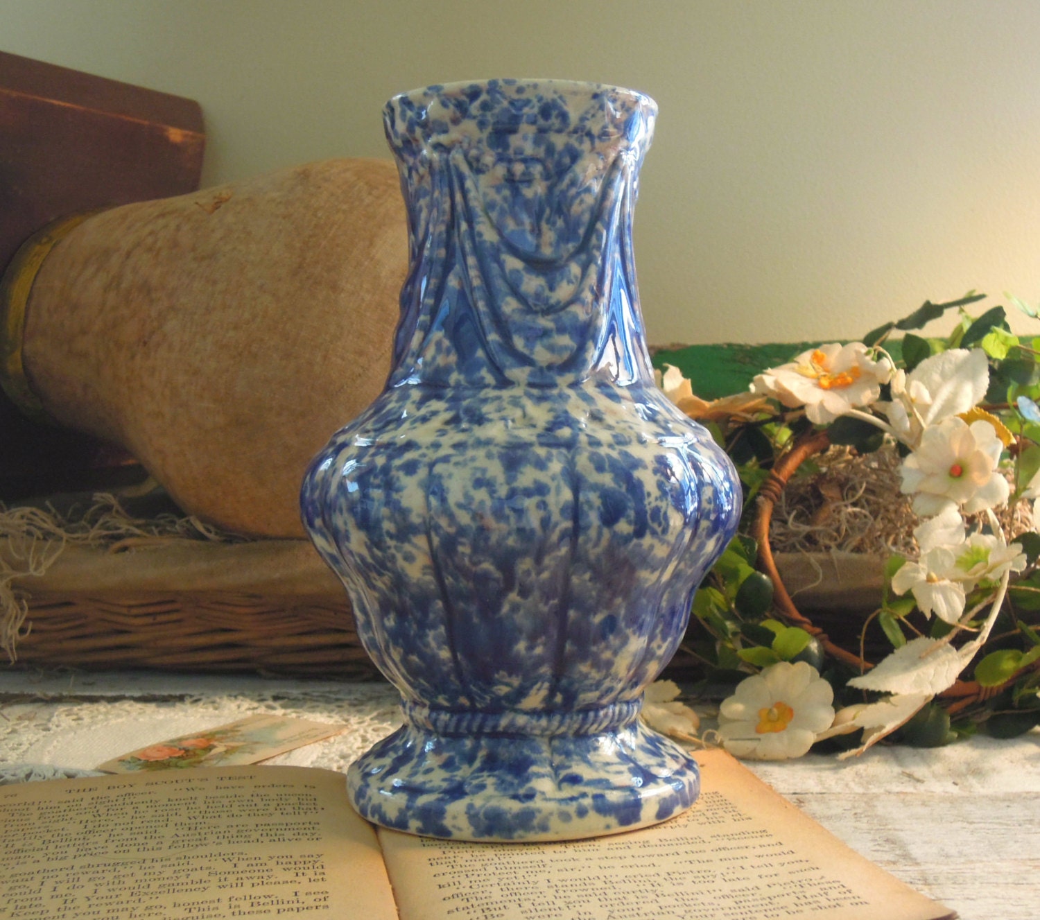 Vintage Ceramic Handpainted Vase / Blue Speckled by vintageaddie