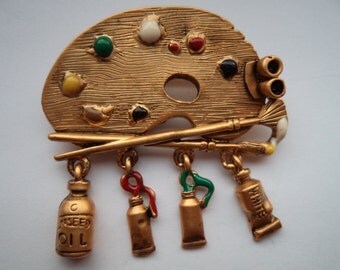 Vintage Signed Danecraft Goldtone Artists Pallette Brooch/Pin
