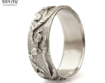 14k white Gold wedding band , woodland wedding ring , Pomegranate Texture ring, solid gold band, women's gold band, engraved vine leaf DINAR