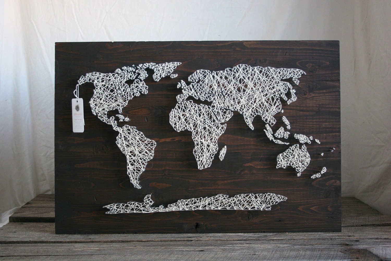 String Art 30x18 World Map Darkly Stained Wood by RambleandRoost