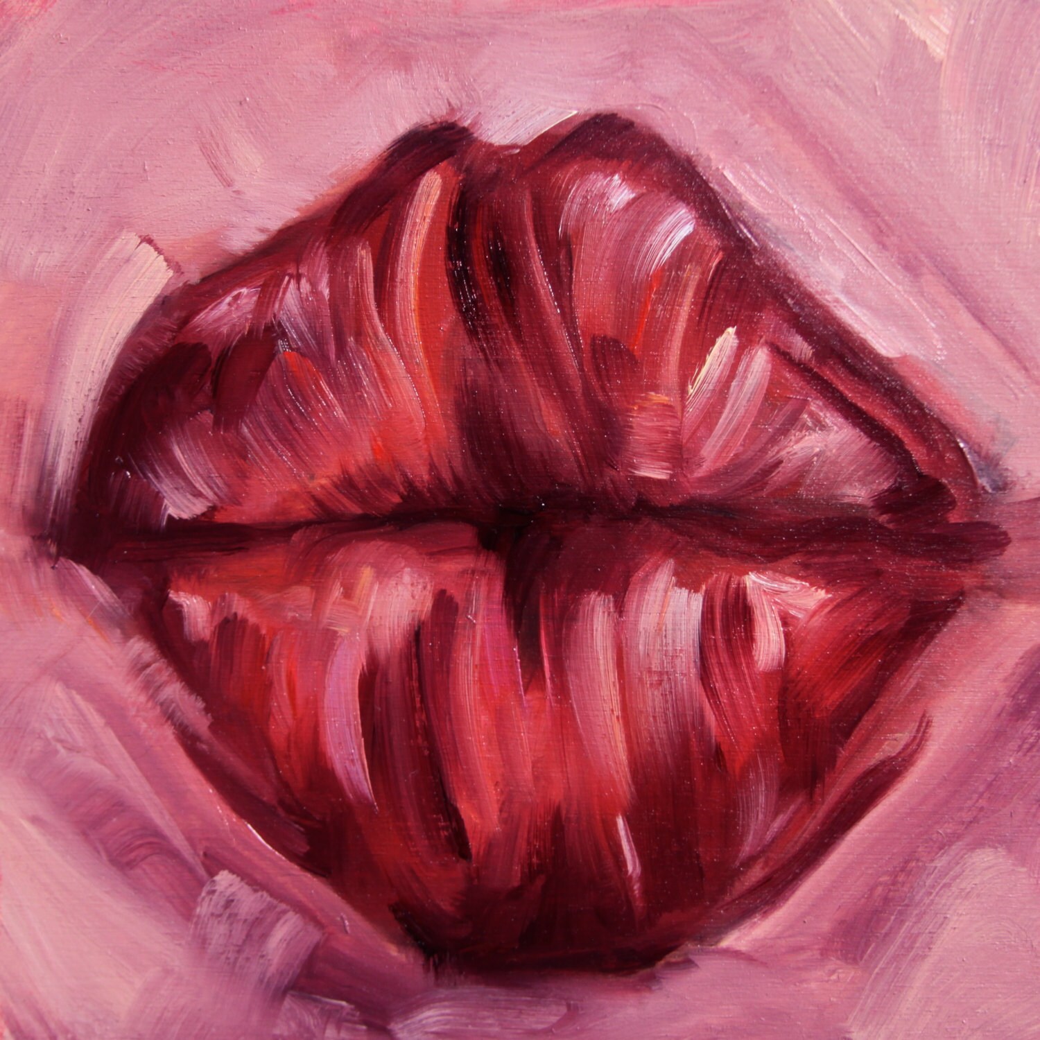 Original 6 x 6 inch oil painting of close up puckered lips by