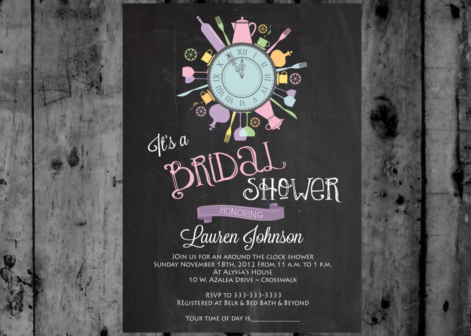 Vintage Around the Clock Bridal Shower Printable Invitation