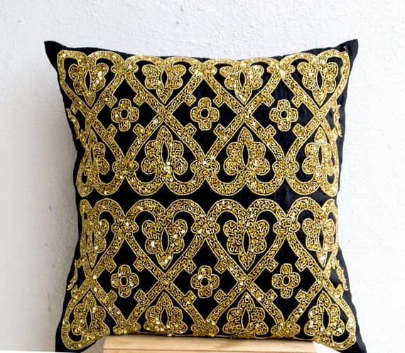 Items similar to Decorative Throw Pillow -Black Silk Gold Sequin Throw Pillows -Gold Embroidery ...
