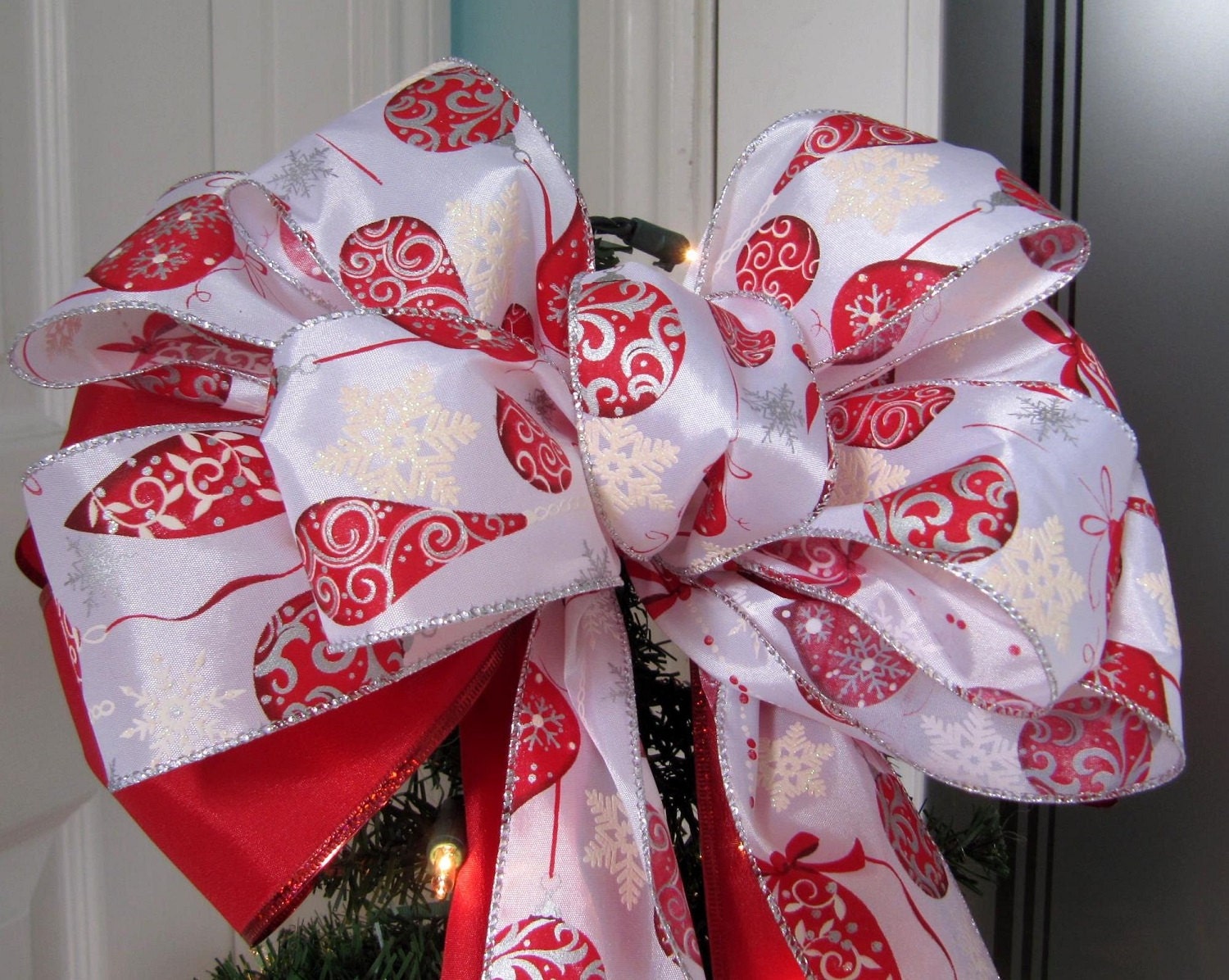 Christmas Tree Top Bow Red and White Bow Topper large door bow Matching window bows