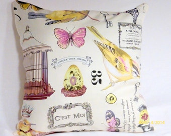 Decorative Pillow Covers - Michael Miller Botanika - Paris Covers - Birds, butterflies - French Country - French Ads - Birdhouse - Crown
