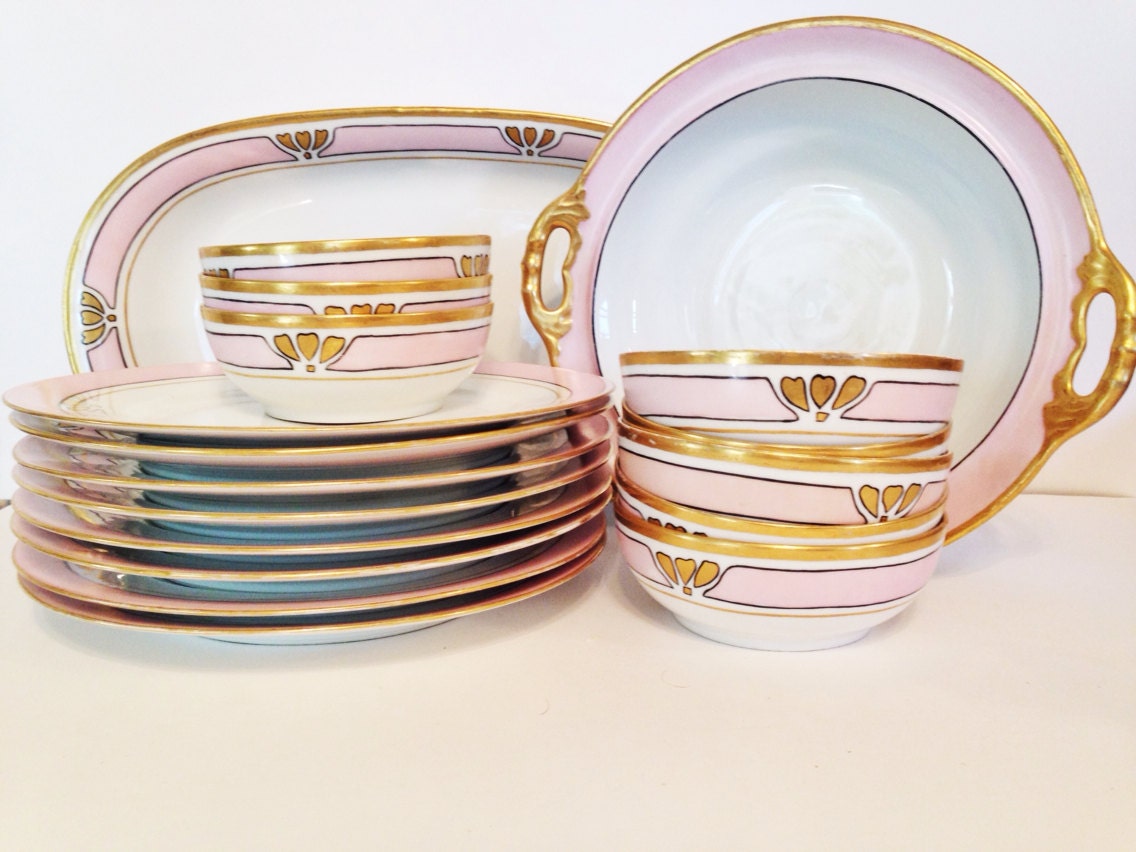 Antique Set Limoges China Pink Black Gold French Plates Bowls