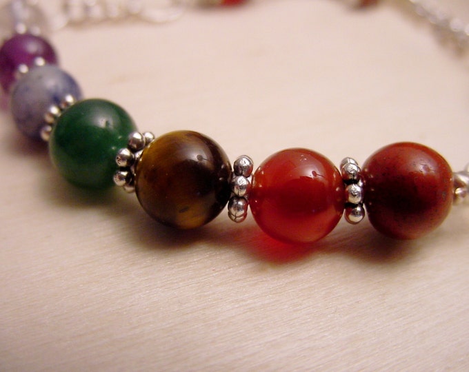 7 Chakra Bracelet Chain Bracelet, Semi Precious Stones, Reiki Jewelry, Wire Wrapped, Valentines Day Gift Idea