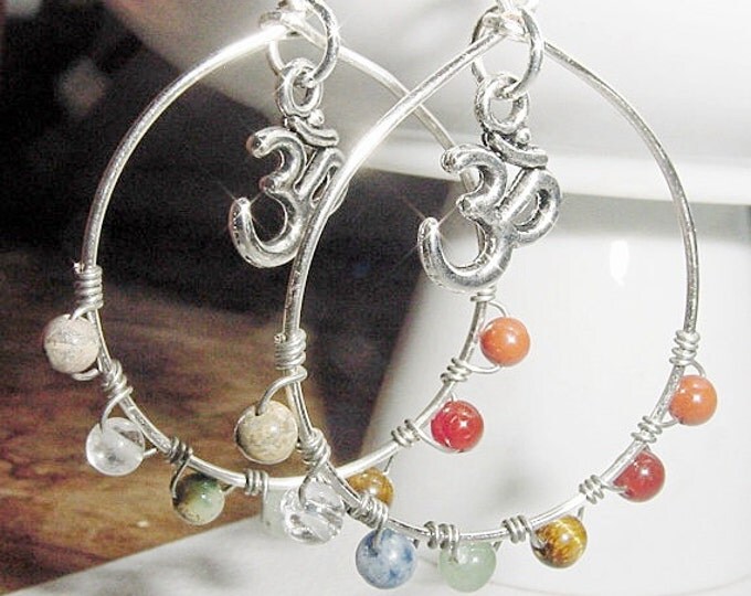Om 7 Chakra Hoop Earrings - Gemstones, Balance, Harmonize Energy Centers, with or without Om CharmReiki Jewelry, Yoga,