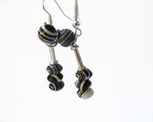 black white earrings, handmade silver dangle beadwork gemstone semi precious earrings of sterling silver , zebra agate, 925 silver earhooks