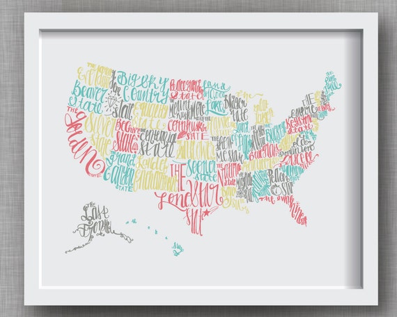 U S Art Print Hand Lettered State Nicknames By FrannyandFranky