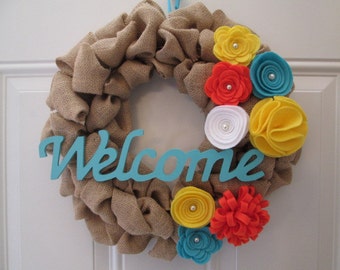 Spring Wreath, Burlap Wreath, Door Wreath, Felt Flower Wreath, Spring Decor, Welcome Wreath