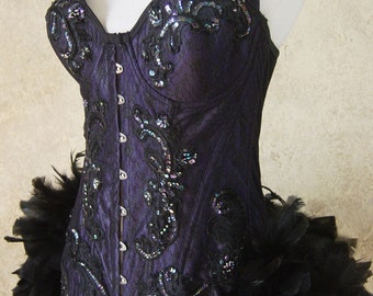Size M-Longline Royal Purple Steel Busk Brocade Edwardian Burlesque Costume Rooster Feathers Large