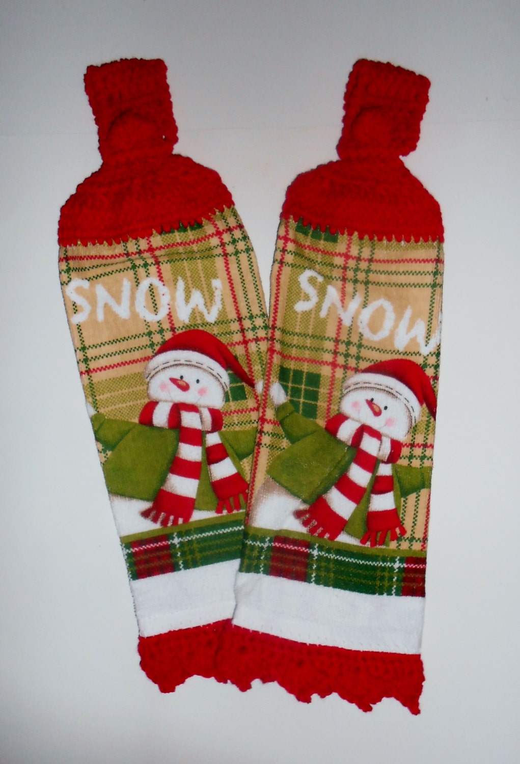 Snowman Crochet Hanging Kitchen Towels Snow Plaid Red