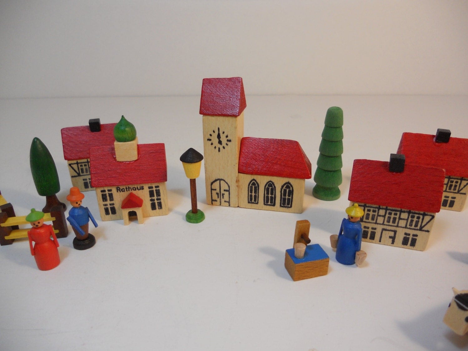 Vintage German Wood Toy Village Set 17 Pieces