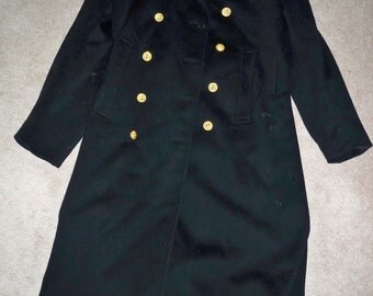 Vintage US Naval Academy Commander World War II Era Men's Black Wool Men's Military Long Trench Pea Coat Dated October 1937