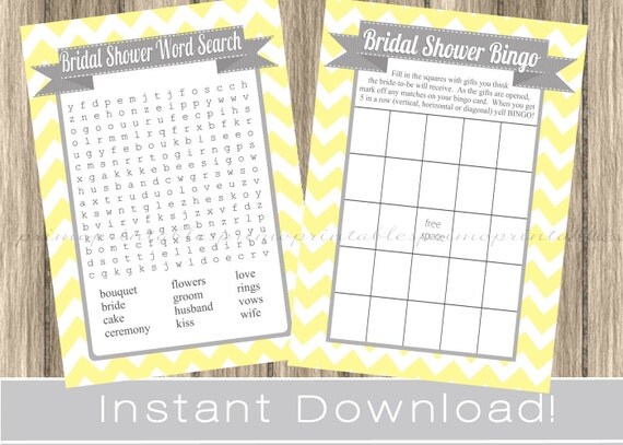 Yellow and Gray BRIDAL Shower Games Set / Bingo and Word Search Cards / chevron / digital printable files / INSTANT DOWNLOAD Il_570xn