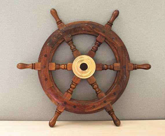 Solid Wood Ships Wheel Helm Brass Center Nautical Pirates