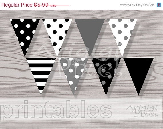 WEEKEND SALE 50% OFF Black and White Banner Polka Dot Stripes Pennant Printable Flags Diy Party Decoration Pdf file Il_570xn