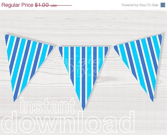 WEEKEND SALE 50 % OFF birthday party decorative pennant blue tupquoise striped flag, vertical stripes, printable party banner birthday bann Il_570xn