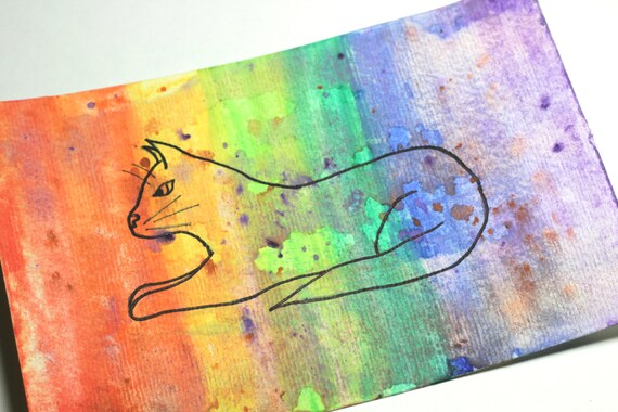  Rainbow Splatter Cat Outline Watercolor by RaeosunshinePets