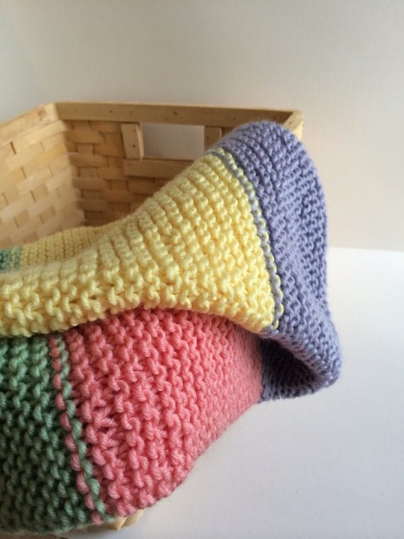 Hand Knit Baby Blanket - Yellow, Purple, Pink, Green