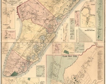 Cape May County New Jersey 1872 - Old Wall Map Reprint with Homeowner Names