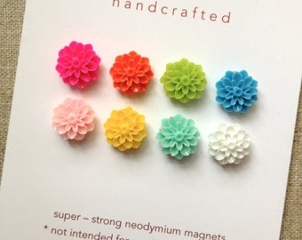 small SUPER STRONG MAGNETS set of 8 multi-colored flower magnets, vintage inspired, dorm rm, hostess gift, bulletin board, spring colors