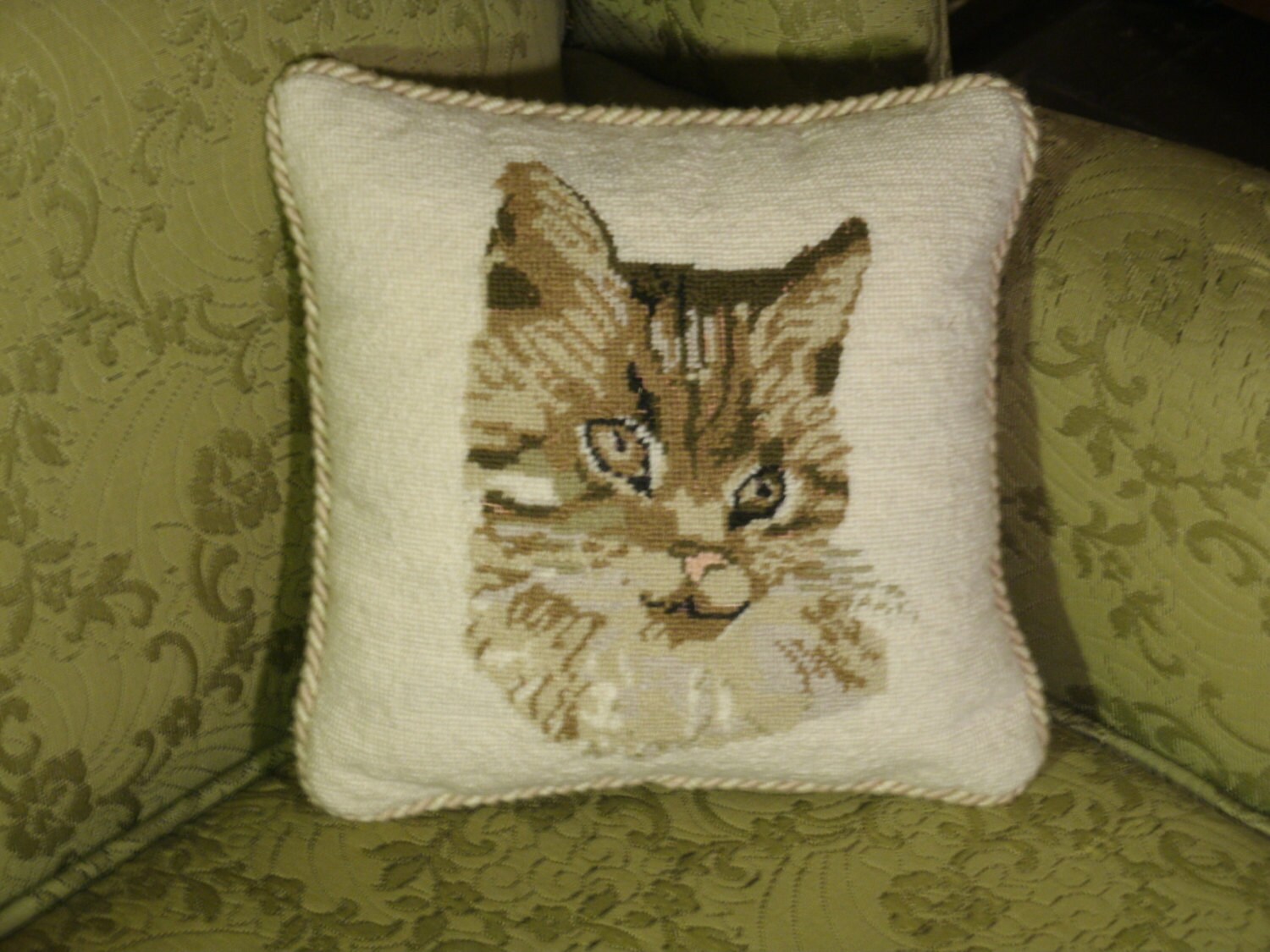 Needlepoint Cat Pillow Handmade Striped by TheProfessorsAttic