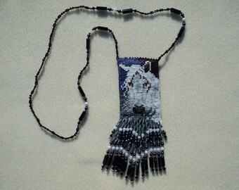 Beadwoven, Beadweaving, Beadwork, Horse Necklace, Blue Necklace, Jewelry, Amulet Bag, Medicine Bag