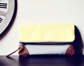Color block Fold over Clutch / grey and lemon yellow canvas/ leather details / iPad case / zipper clutch / summer accessory /