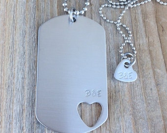 Hand stamped dog tag necklace set with initials open heart stainless steel jewelry