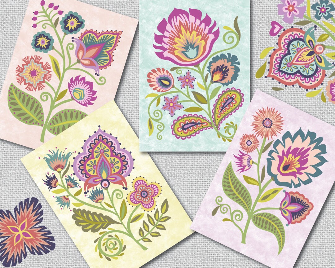 Polish Folk Art Papercut Style Floral Blank Note Cards