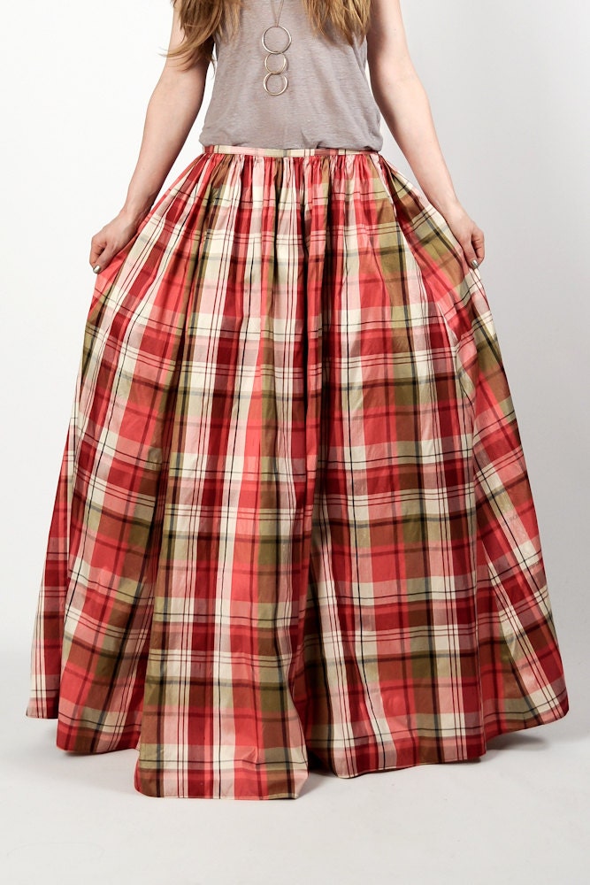 Vintage Silk Taffeta Plaid Ball Gown Maxi Skirt Sm M Long 
