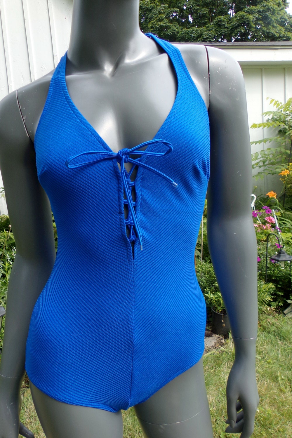 vintage 80s cobalt blue swimwear swimsuit by 3GenerationCuration