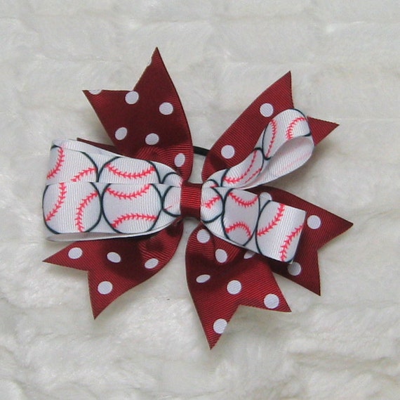 Girls Ponytail Softball Bow Maroon Crimson and White Polka