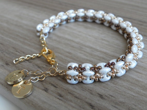 Items similar to White gold copper beadwoven superduo bracelet with ...