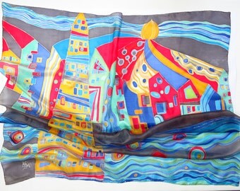 blue silk scarf Hundertwasser motif. Pure Silk Hand painted silk scarf with yellow, red, blue painted silk. Batik square scarf. Silk shawl.