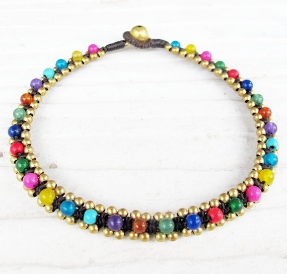 Multi Color Beaded Woven Ankle Bracelet with Brass Bead